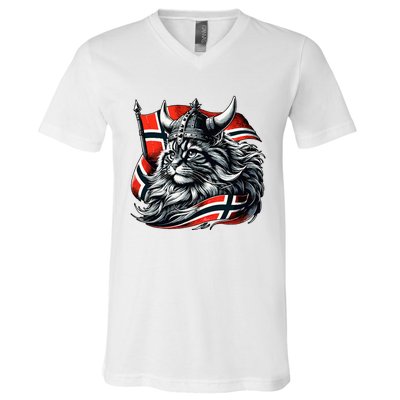 Norwegian Cat Viking Norway Flag V-Neck T-Shirt