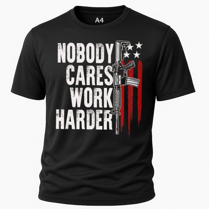 Nobody Cares Work Harder AR15 Owner American Flag Cooling Performance Crew T-Shirt