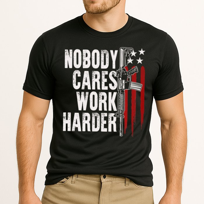 Nobody Cares Work Harder AR15 Owner American Flag Cooling Performance Crew T-Shirt