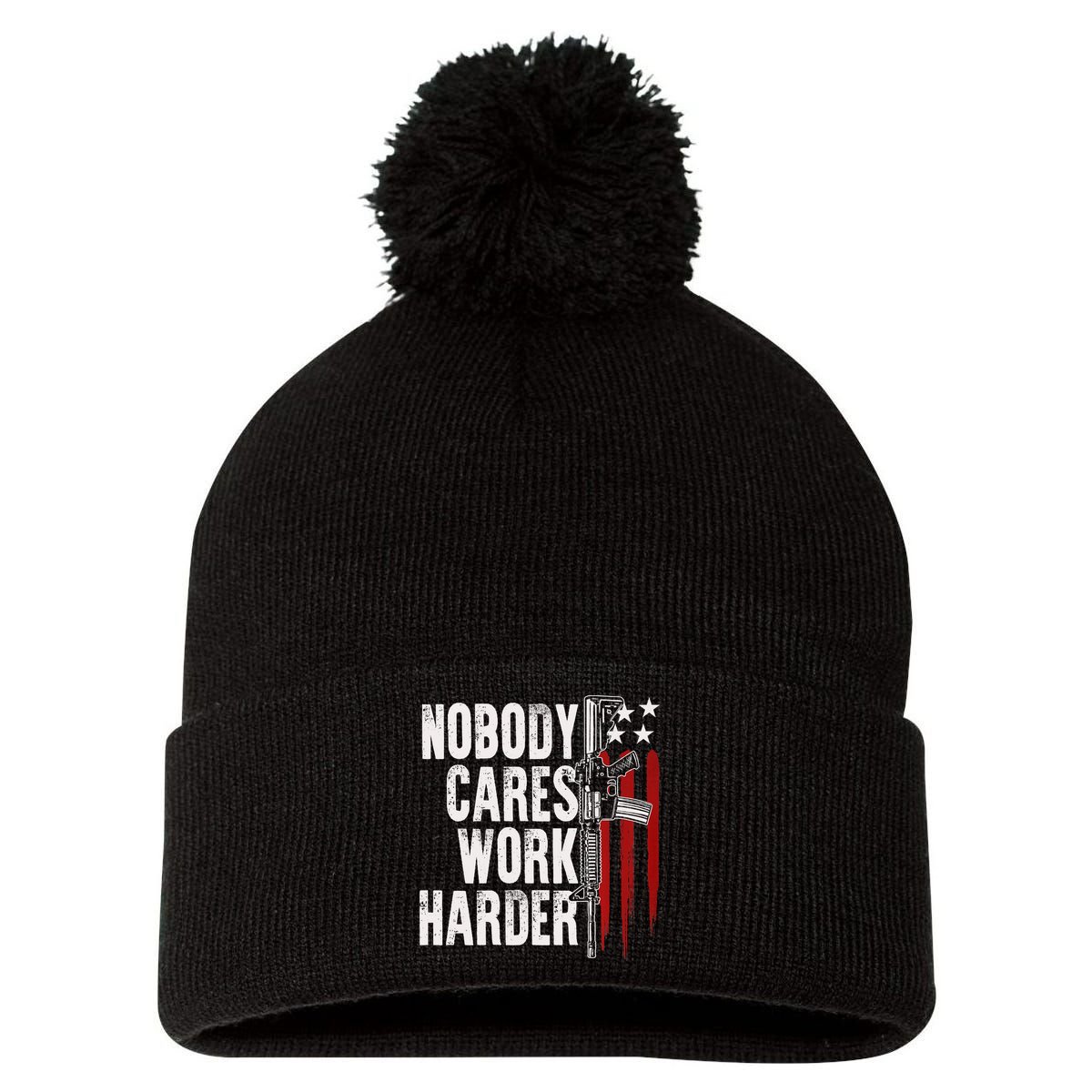 Nobody Cares Work Harder AR15 Owner American Flag Pom Pom 12in Knit Beanie