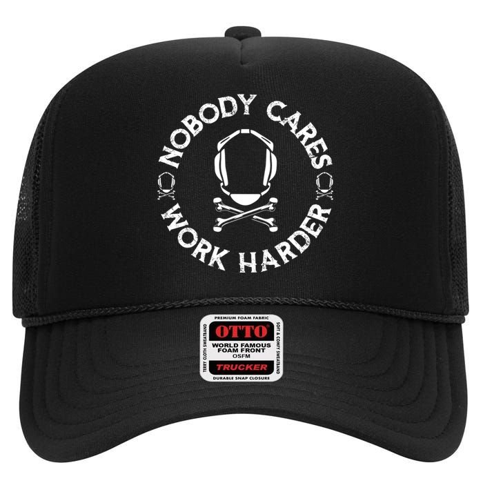 Nobody Cares Work Harder Wrestling Headgear Skull Bones High Crown Mesh Back Trucker Hat