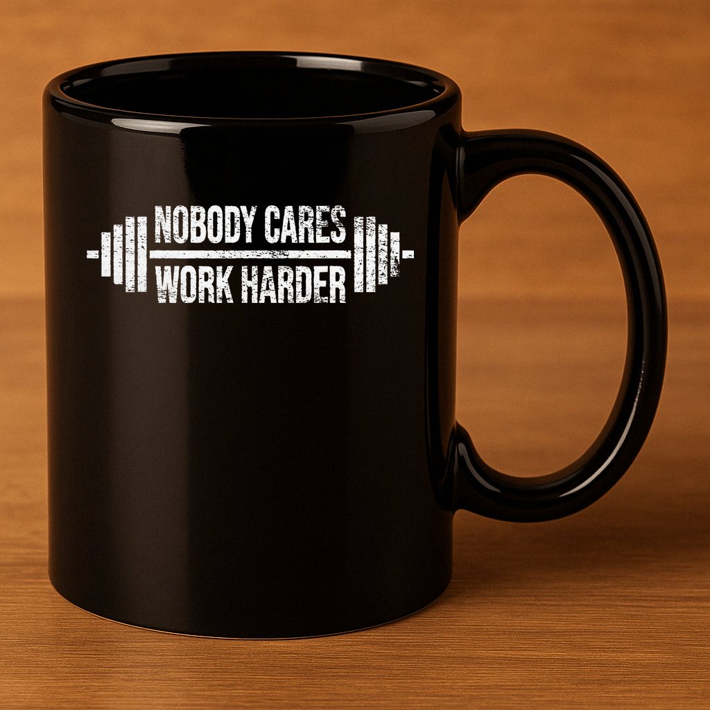 NOBODY CARES WORK HARDER BARBELL WEIGHT TRAINING 11oz C Handle Ceramic Mug