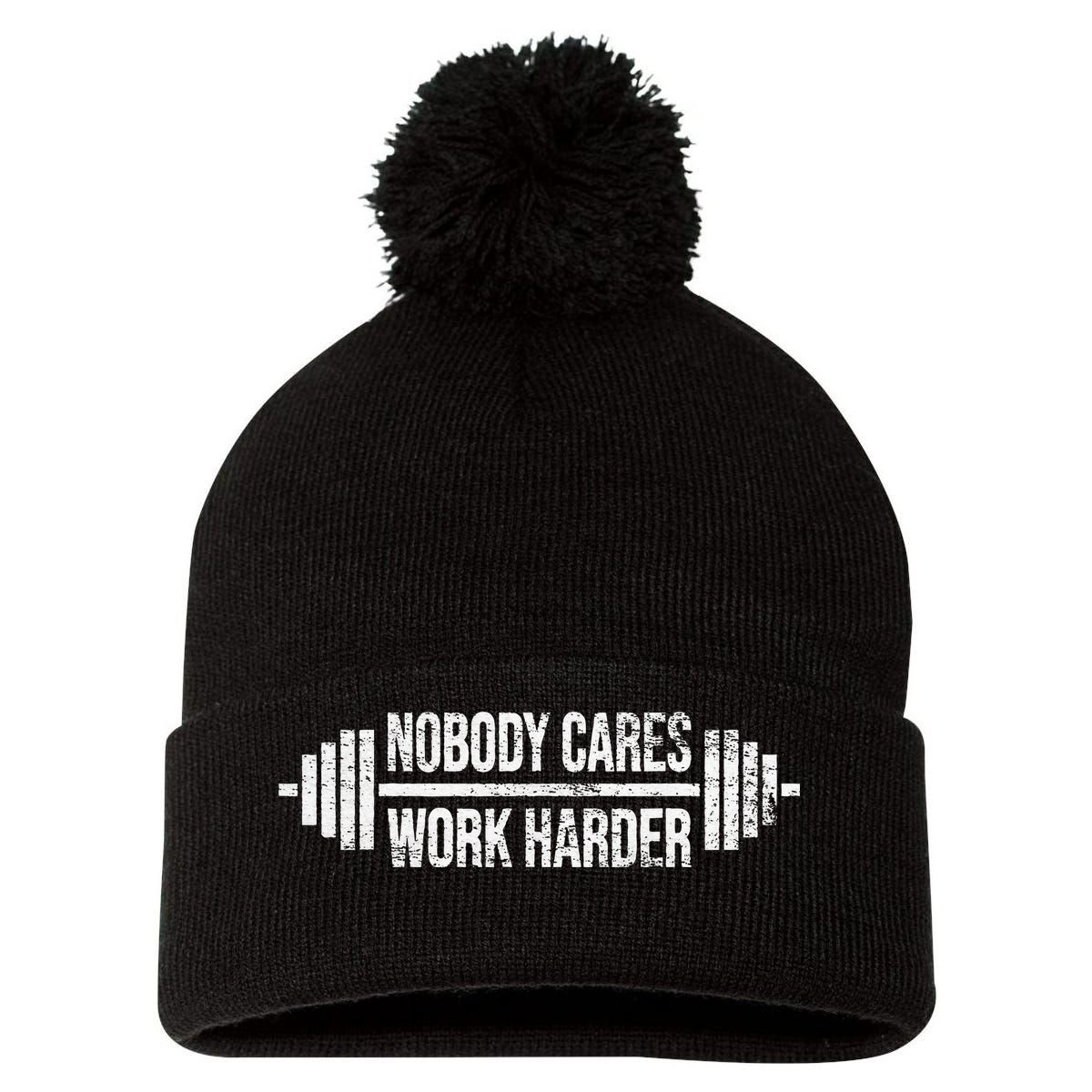 NOBODY CARES WORK HARDER BARBELL WEIGHT TRAINING Pom Pom 12in Knit Beanie