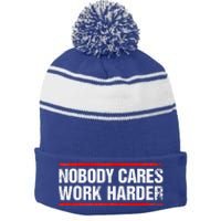 Nobody Cares Work Harder Fitness Workout Gym Stripe Pom Pom Beanie