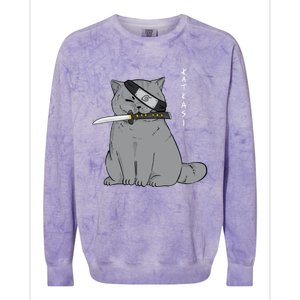 Ninja Cat With Samurai Sword In Mouth Colorblast Crewneck Sweatshirt