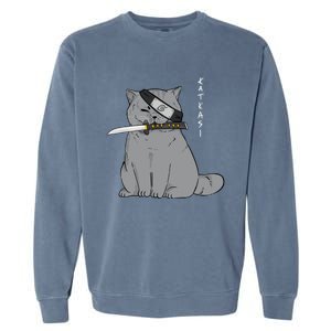 Ninja Cat With Samurai Sword In Mouth Garment-Dyed Sweatshirt