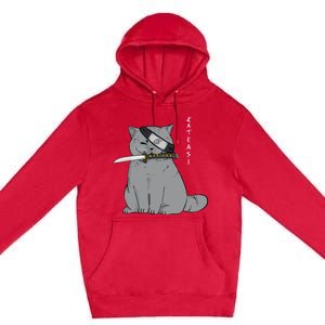 Ninja Cat With Samurai Sword In Mouth Premium Pullover Hoodie