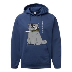 Ninja Cat With Samurai Sword In Mouth Performance Fleece Hoodie