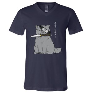 Ninja Cat With Samurai Sword In Mouth V-Neck T-Shirt