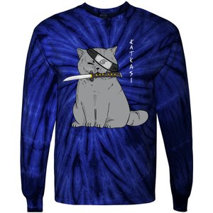 Ninja Cat With Samurai Sword In Mouth Tie-Dye Long Sleeve Shirt