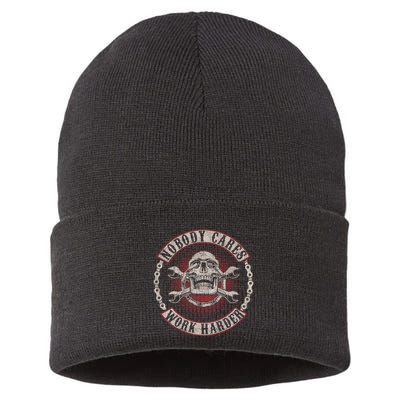 Nobody Cares Work Harder Skull Mechanic Vintage Sustainable Knit Beanie