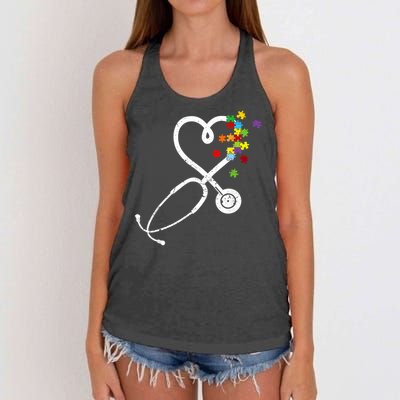  Nurse Doctor Autism Awareness Puzzle Stethoscope Heart Women's Knotted Racerback Tank