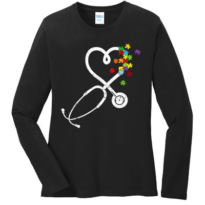  Nurse Doctor Autism Awareness Puzzle Stethoscope Heart Ladies Long Sleeve Shirt