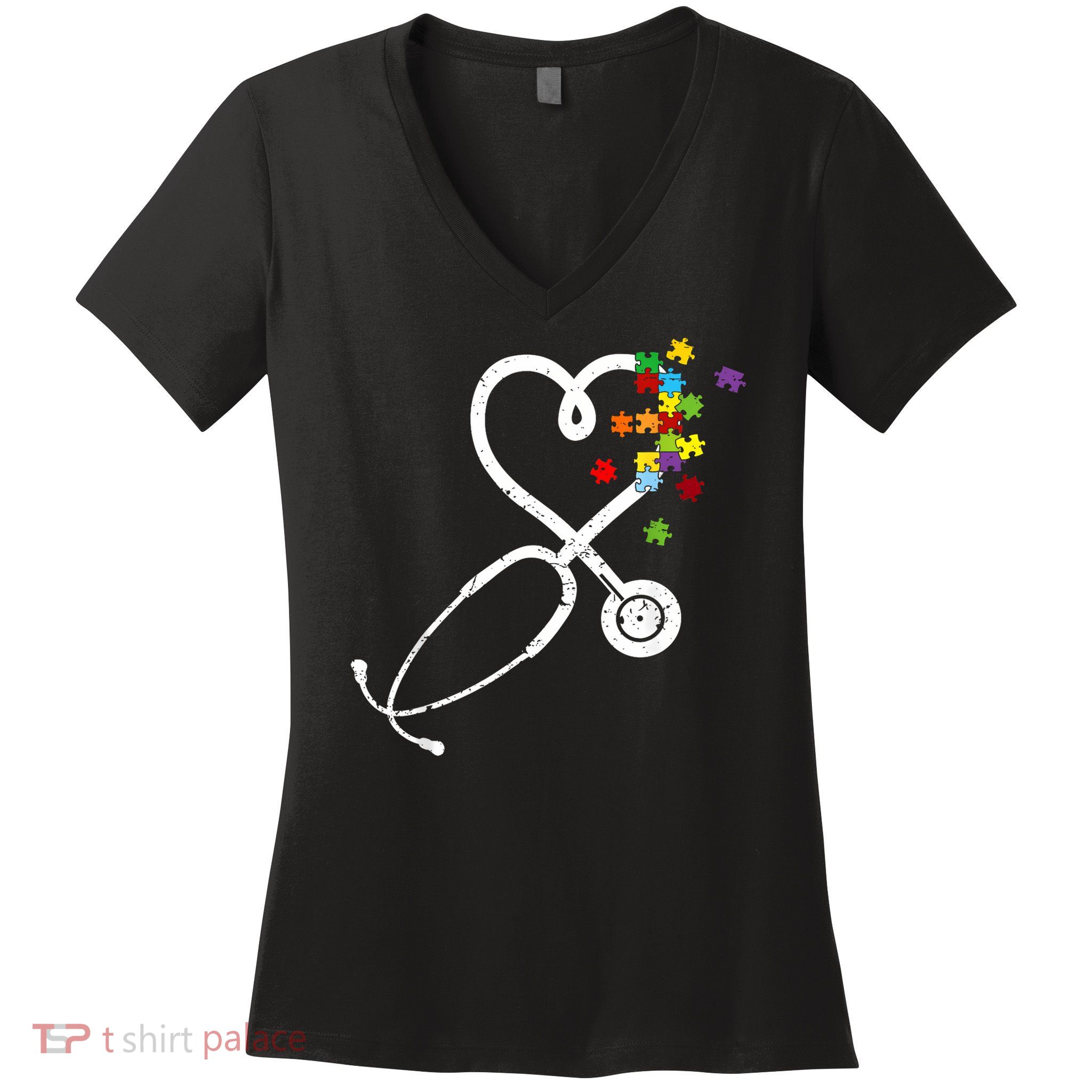  Nurse Doctor Autism Awareness Puzzle Stethoscope Heart Women's V-Neck T-Shirt