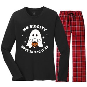 No Diggity Bout To Bag It Up Halloween Trick Or Treat Ghost Women's Long Sleeve Flannel Pajama Set 