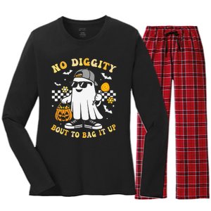 No Diggity Bout To Bag It Up Retro Ghost Halloween Gift Women's Long Sleeve Flannel Pajama Set 