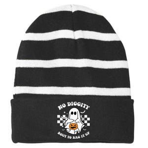 No Diggity Bout to Bag It Up Cute Ghost Halloween Candy Striped Beanie with Solid Band