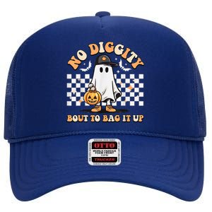 No Diggity Bout To Bag It Up Cute Ghost Halloween Kids Candy High Crown Mesh Back Trucker Hat