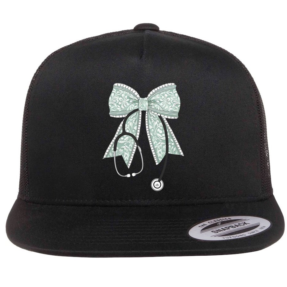 Nurse Doctor Coquette Bow Stethoscope Cute Nursing Ribbon Gift Flat Bill Trucker Hat