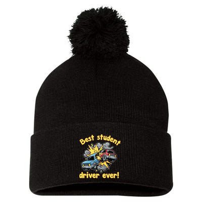 New Driver Funny Best Student Driver Ever Learning To Drive Pom Pom 12in Knit Beanie