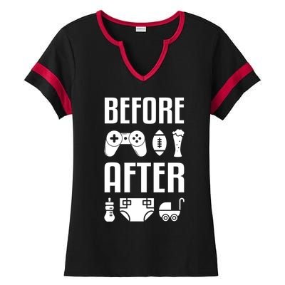 New Dad Great Gift Before After Funny Fatherhood Great Gift Ladies Halftime Notch Neck Tee