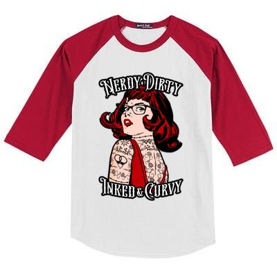 Nerdy Dirty Inked And Curvy Book Lover Tattoo Pop Art Funny Gift Kids Colorblock Raglan Jersey