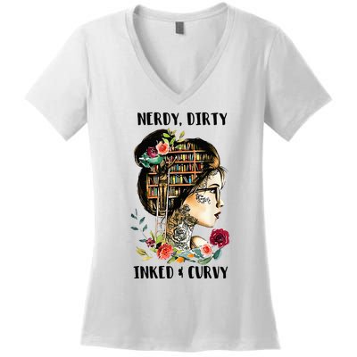 Nerdy Dirty Inked Curvy Girl Tattoo Reading Lover Women's V-Neck T-Shirt