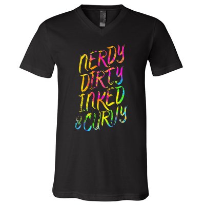 Nerdy Dirty Inked & Curvy Tattoo Woman Nerd V-Neck T-Shirt