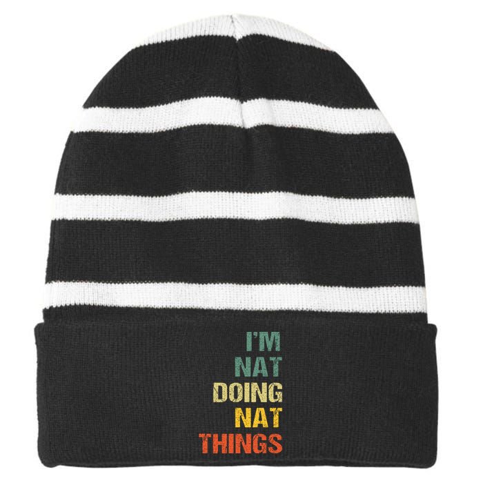 Nat Doing Nat Things Personalized Name Idea Striped Beanie with Solid Band