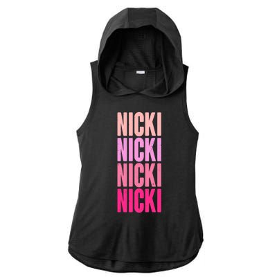 Nicki Distressed Pink Design Ladies PosiCharge Tri-Blend Wicking Draft Hoodie Tank