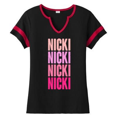 Nicki Distressed Pink Design Ladies Halftime Notch Neck Tee