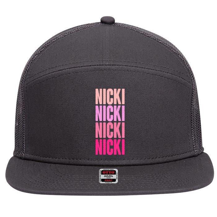 Nicki Distressed Pink Design 7 Panel Mesh Trucker Snapback Hat