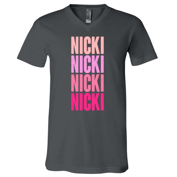 Nicki Distressed Pink Design V-Neck T-Shirt