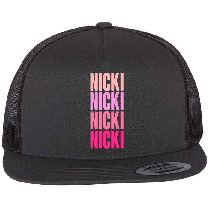 Nicki Distressed Pink Design Flat Bill Trucker Hat