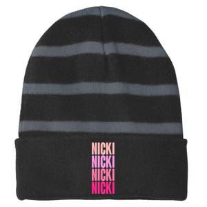 Nicki Distressed Pink Design Striped Beanie with Solid Band