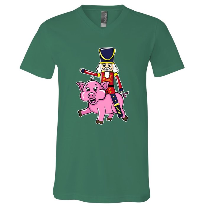 Nutcracker Doll Riding Pig Lover Funny Christmas V-Neck T-Shirt