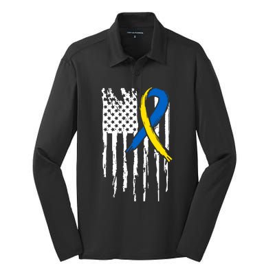 National Down Syndrome Awareness Month American Flag T21 Gift Silk Touch Performance Long Sleeve Polo