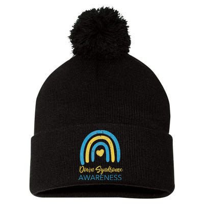 National Down Syndrome Awareness Month Retro Rainbow T21 Pom Pom 12in Knit Beanie