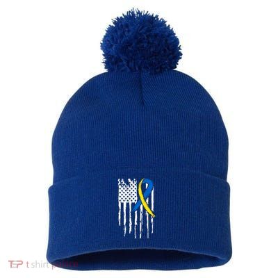 National Down Syndrome Awareness Month American Flag T21 Gift Pom Pom 12in Knit Beanie