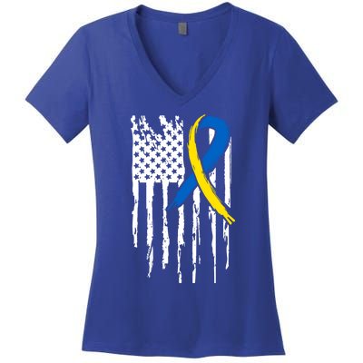 National Down Syndrome Awareness Month American Flag T21 Gift Women's V-Neck T-Shirt