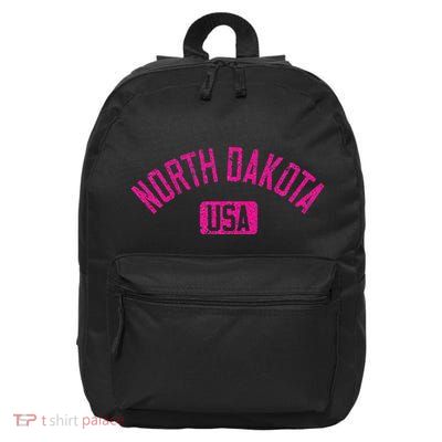 North Dakota Usa Arched Text Distressed Magenta Print 16 in Basic Backpack