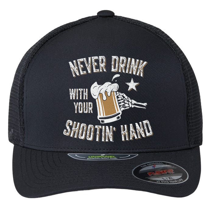 Never Drink with Your Shooting Hand Skeleton Funny Drinking Flexfit Unipanel Trucker Cap