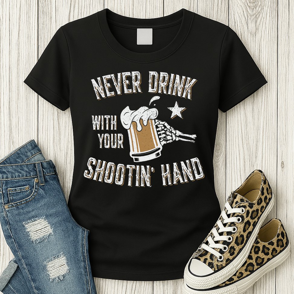 Never Drink with Your Shooting Hand Skeleton Funny Drinking Womens T-Shirt