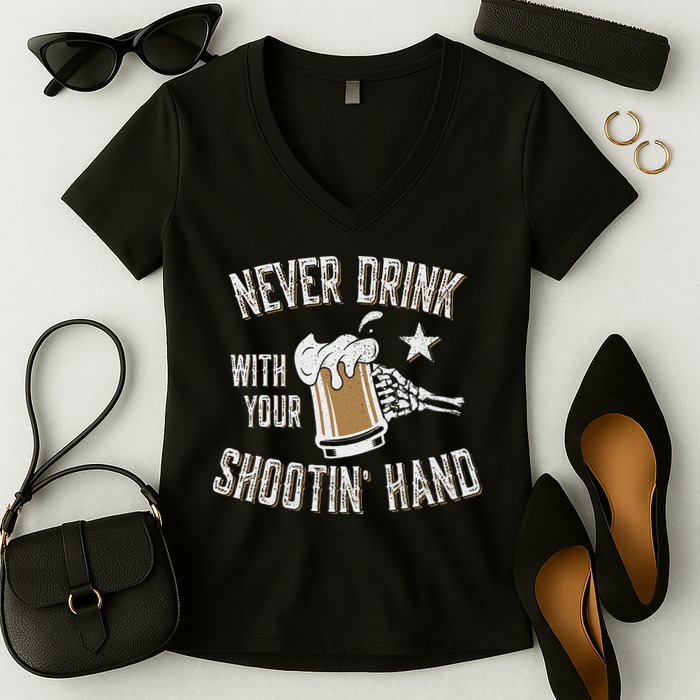 Never Drink with Your Shooting Hand Skeleton Funny Drinking Women's V-Neck T-Shirt