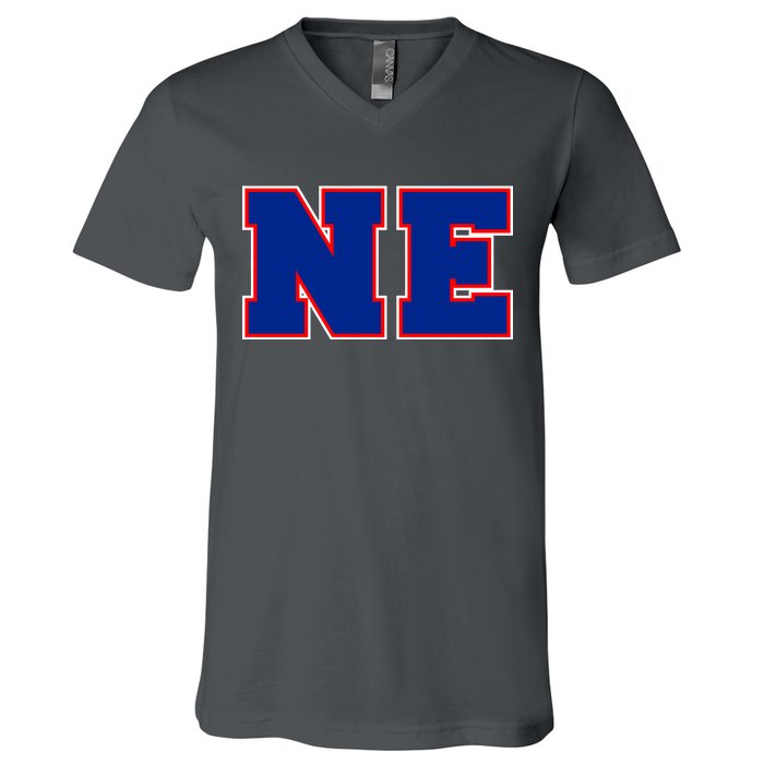 NE New England Massachusetts College Letters Football Fan Block Letters V-Neck T-Shirt