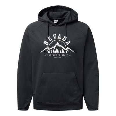 Nevada Est. 1864 Vintage Mountains Nature Outdoor Gift Performance Fleece Hoodie