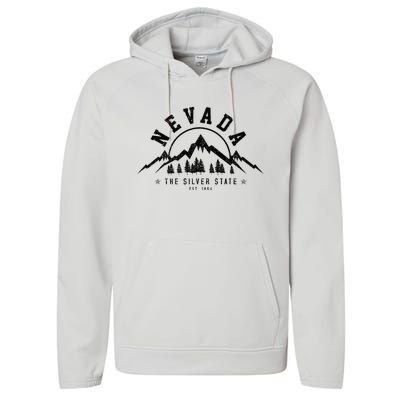 Nevada Est. 1864 Vintage Mountains Nature Outdoor Gift Performance Fleece Hoodie