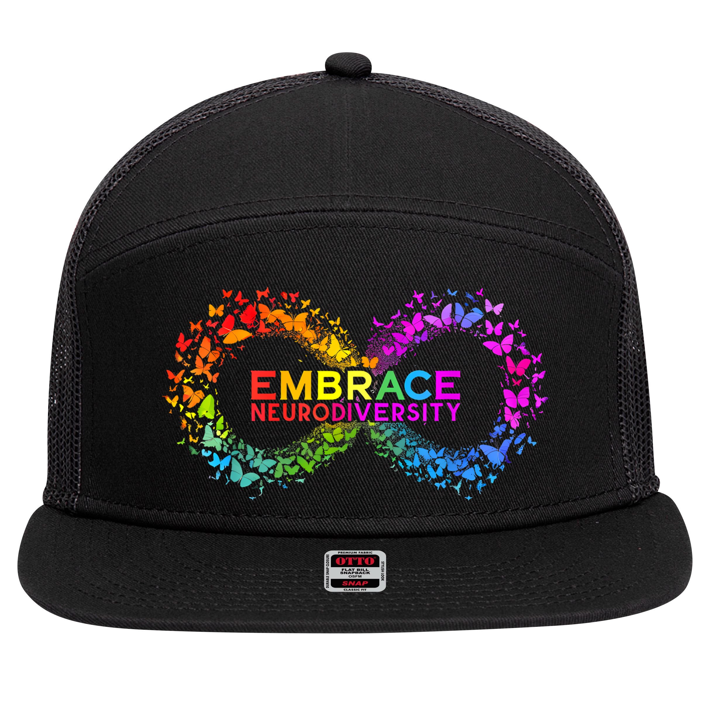 Neurodiversity Embrace ADHD Autism ASD Butterfly Infinity 7 Panel Mesh Trucker Snapback Hat