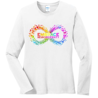 Neurodiversity Embrace ADHD Autism ASD Butterfly Infinity Ladies Long Sleeve Shirt
