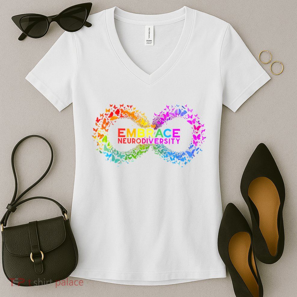 Neurodiversity Embrace ADHD Autism ASD Butterfly Infinity Women's V-Neck T-Shirt